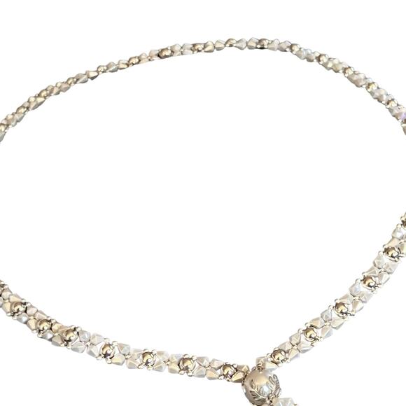 Vintage 80s Silver Beaded Tassel Necklace - White Crystal Drop Statement Piece - Picture 9 of 13